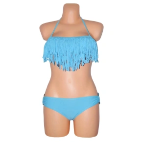 Dámske plavky dvojdielne bikiny D-RING zdobené strapcami na podprsenke a kovovými doplnkami modrej - Modrá - OEM