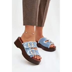 Dámske papuče na platforme 100-486 Džínsová modrá s čiernou - Joalice Paris