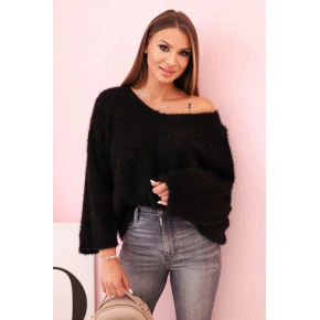 Dámsky mohérový sveter voľného strihu s výstrihom do V IT-92 / 34360 Black gloss - K-Fashion