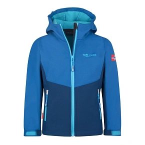 Trollkids Kristiansand Softshellová bunda Alpine Blue/Dark Indigo/Basen Blue (320-144)