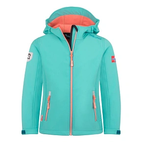 Trollkids Trollfjord Softshellová bunda aquamarine mist/port blue/peach mellow (175-137)