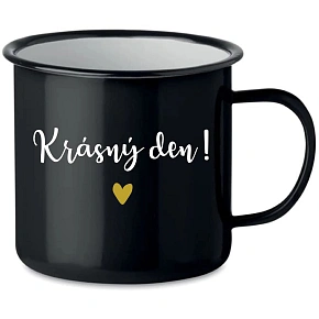 HRNČEK „KRÁSNY DEŇ!“ – čierny plechový hrnček 350 ml