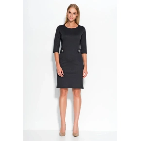 Dámske šaty značkové zdobené v páse gombíkmi stredne dlhé čierne - Čierna - Makadamové