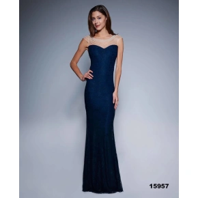 Dámske spoločenské šaty šoky soka s perličkami a čipkou dlhé tmavo modré - Tmavo modrá / XL - šoky & soka