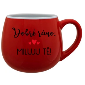 DOBRÉ RÁNO. MILUJEM ŤA! - červený keramický hrnček 300 ml